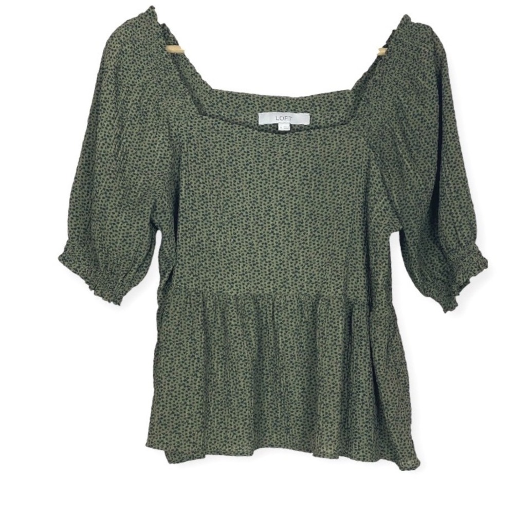 LOFT Women Green Leopard Peplum Medium Puff Sleeve Square Neck Animal Print Top - Picture 3 of 11